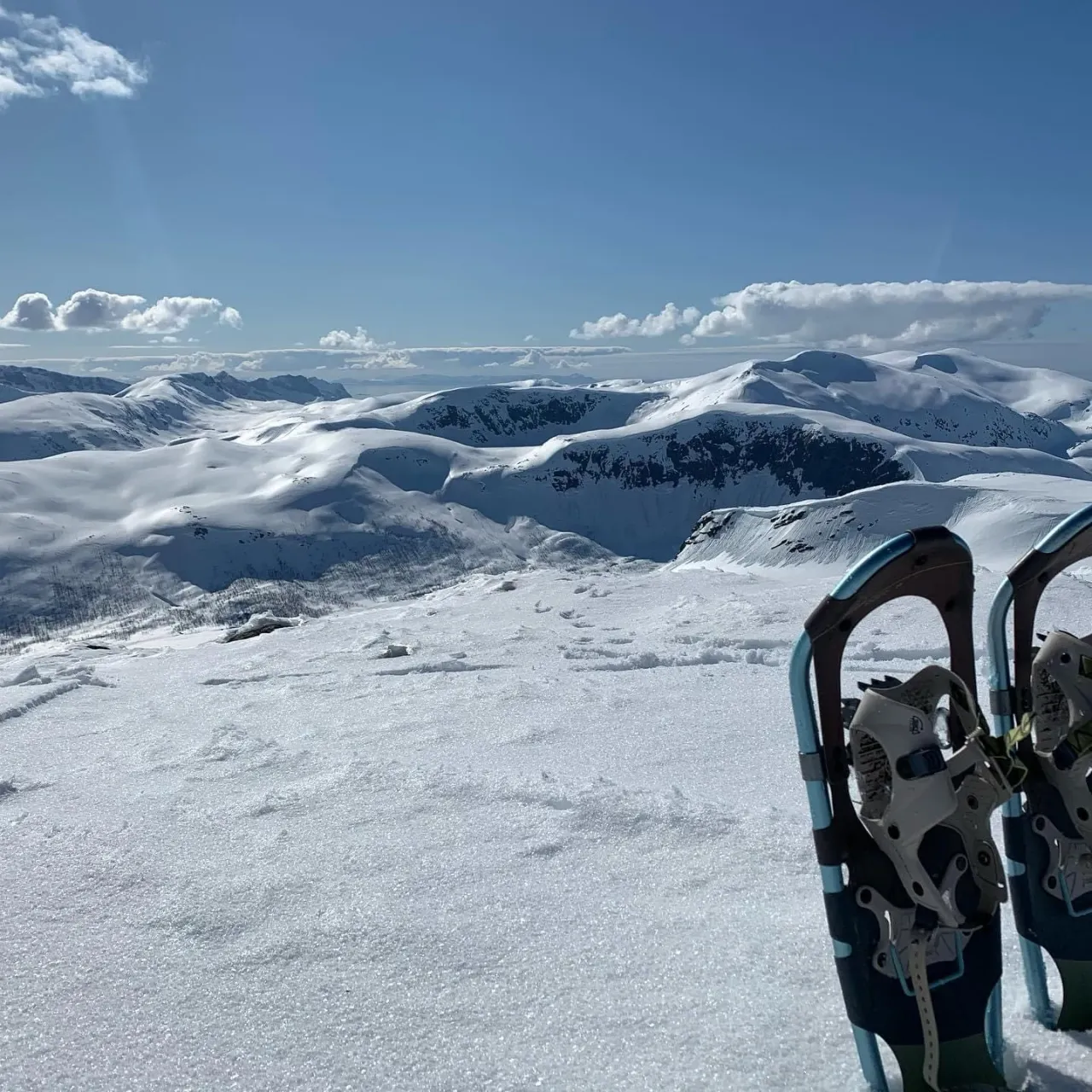 Snowshoes in the snow in front of snow-covered mountains